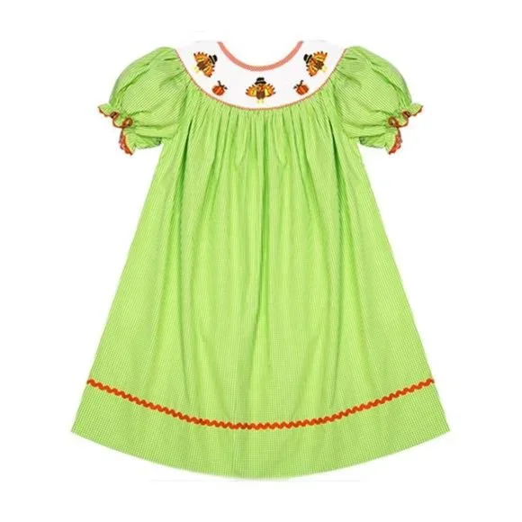 Beautiful Smocked Girl's Lime Green Gingham Thanksgiving Turkey Bishop Dress - Picture 7 of 7